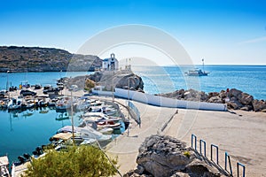 Ship sails off harbour in Kolymbia Rhodes, Greece