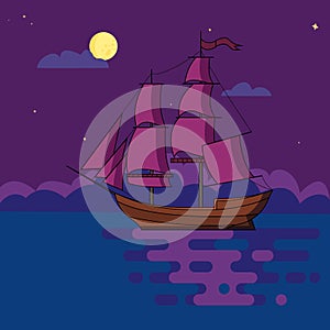 Ship with sails sailing at night in light of full moon under starry sky in calm sea waters