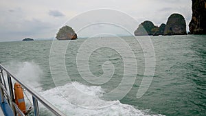 Ship Sails The Sea Near The Islands Of Rock Limestone In The Tropics