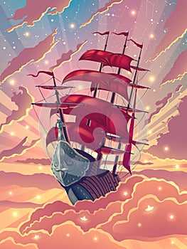 Ship with scarlet or red sails in magic fantasy sky with orange clouds over starry sky and sunset light illustration in vector.