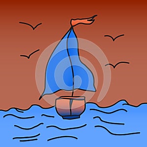 Ship with scarlet sails is floating on the waves. Vector illustration. Drawing by hand.