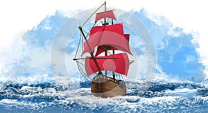 A ship with scarlet sails on the waves of the sea, the ocean. Marine background