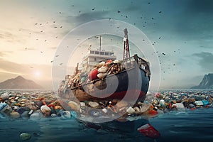 ship at sea among lot of plastic waste Pollution of sea or ocean with plastic waste Ecological disaster generative ai