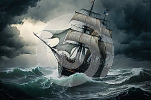 ship at sea with sails torn and sailing in a storm