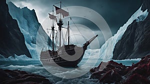 ship in the sea A scary boat sailing near a glacier with storms, rock