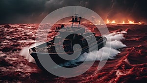 ship in the sea A scary speed boat on a sea of blood, with storms, rocks, and fire