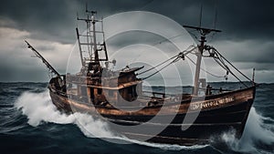 ship in the sea A scary sport fishing boat in a sea , with storms,