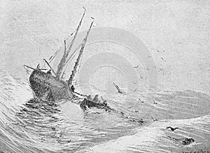 Ship at sea in a storm or Evening by Maillard in the old book Catalogue Illustre, by L. Baschet, 1898, Paris