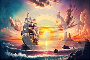 Ship in the sea at sunset, oil painting style, digital illustration painting artwork