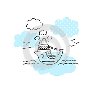 Ship in sea vector illustration with black line on white background. Cute ship in sea print for boy.