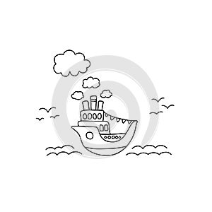 Ship in sea vector illustration with black line on white background. Ocean liner cute handdrawn doodle.