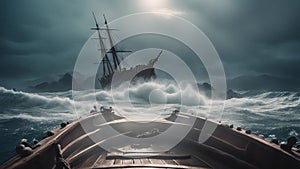 ship in the sea A wooden boat carrying a group of adventurers on a perilous quest, surrounded by giant waves and sea