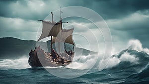 ship in the sea A wooden boat carrying a group of adventurers on a perilous quest, surrounded by giant waves and sea