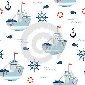Ship Seamless Pattern. Marine Background with fishing Ship, fish, anchor, steering wheel and waves.