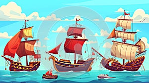 Ship set isolated on black background. Modern cartoon illustration of tourist cruise ship, vintage sailboat with red