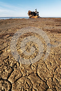 Ship on shore of Aral sea or Aral lake, Kazakhstan