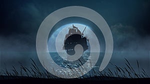 Ship Silhouette Blowing Grass in the Full Moon 4K Loop