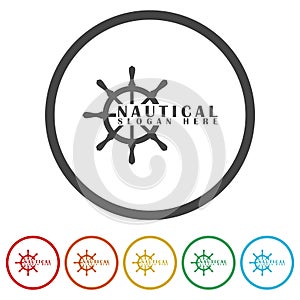 Ship steering for sailing logo. Set icons in color circle buttons