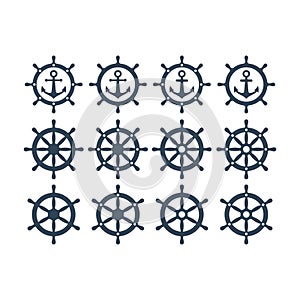 Ship steering wheel and anchor icon. Ship`s wheel and anchor vector icon set.