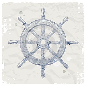 Ship steering wheel on grunge paper background photo