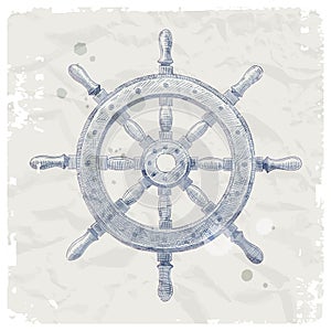 Ship steering wheel on grunge paper background
