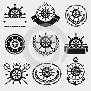 Ship steering wheel label and element set. Vector