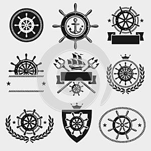 Ship steering wheel label and element set. Vector