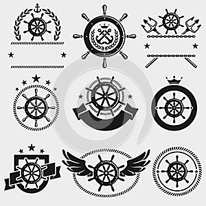 Ship steering wheel label and element set. Vector