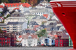 Ship stern and hillside homes in Bergen