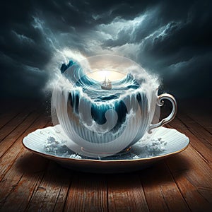 A ship in a storm and rough seas in a teacup