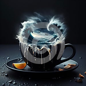 A ship in a storm and rough seas in a teacup and saucer