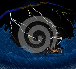 Barco en tormenta sobre el ondas en el mar a 