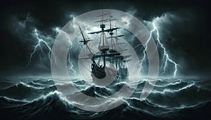 Ship in a Stormy Sea with Lightning