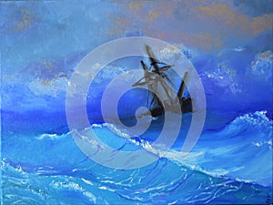 Ship in the stormy sea. Painting. Ship. Art. oil painting. oil painting on canvas