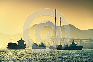 Ship and sunset in the ocean - Shanghai harbour