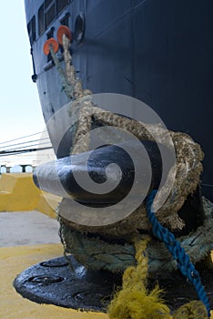 Ship tied to dock.