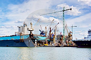 Ship under construction, repair. Industrial in shipyard