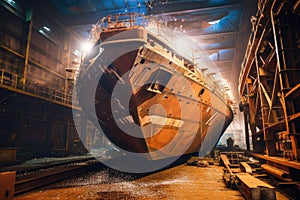 ship under construction, with welding sparks flying and steel hull being built