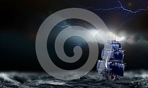 Ship under full Moon escaping from storm