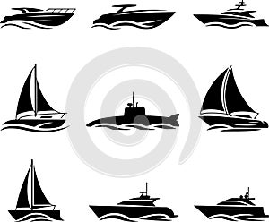 Collection of silhouette icons representing diverse nautical vessels