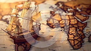 The Ship on Vintage Map. AI generated