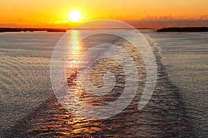 Ship wake at sunset