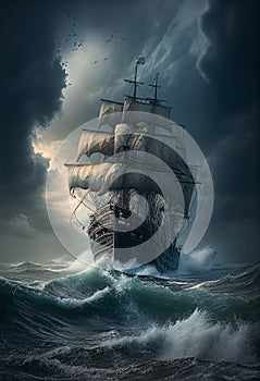 The ship was caught in a storm. AI Generated