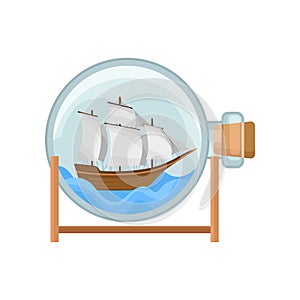 Ship and water in round glass bottle with cork. Model of wooden marine vessel with big sails. Flat vector for promo