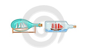 Ship and Watercraft in Glass Corked Bottle Vector Set