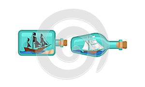 Ship and Watercraft in Glass Corked Bottle Vector Set