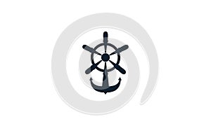 Ship wheel with anchor silhouette logo vector icon illustration