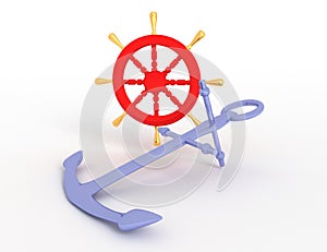 Ship wheel and anchors. 3d rendered illusration