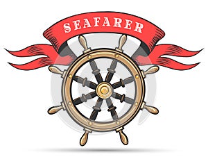 Ship wheel and ribbon marine club emblem