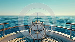 the ship wheel of a sleek yacht against the vast expanse of the sea, evoking a sense of freedom and exploration.
